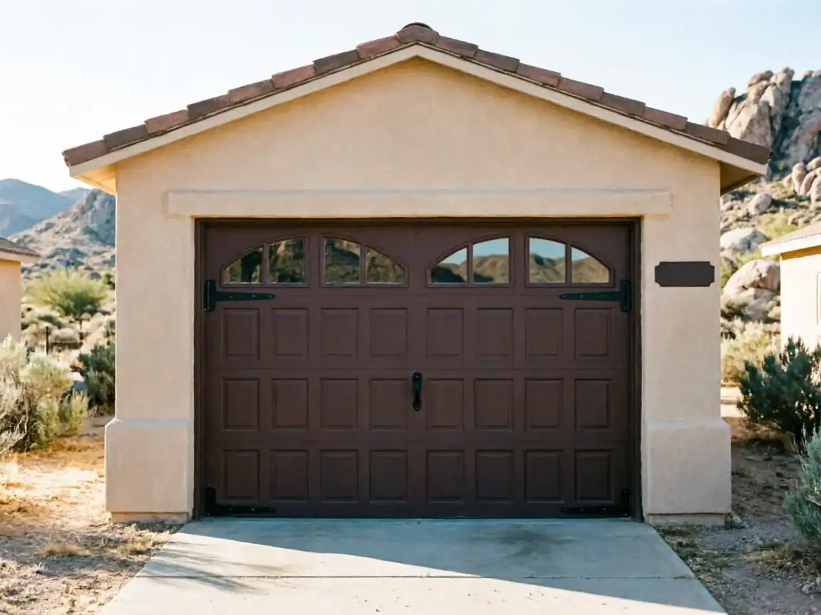 A brown garage door with arched windows on a tan stucco garage.
