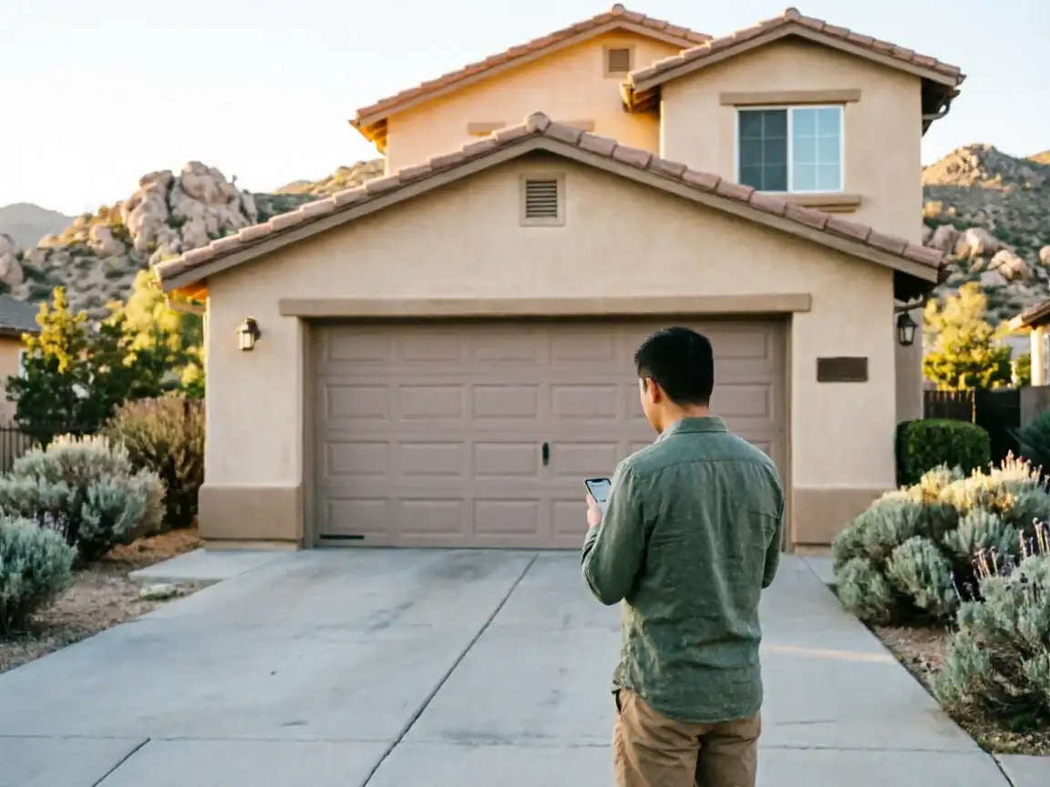 A man stands in a driveway, looking at his phone in front of a house.