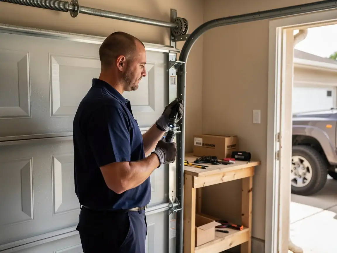 A technician in gloves holds a flashlight next to a white garage door.