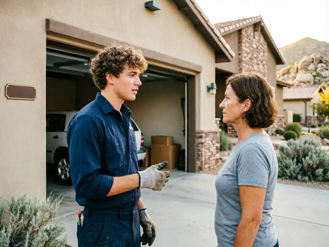 A technician in a blue uniform talks to a woman in a gray shirt outside a house.