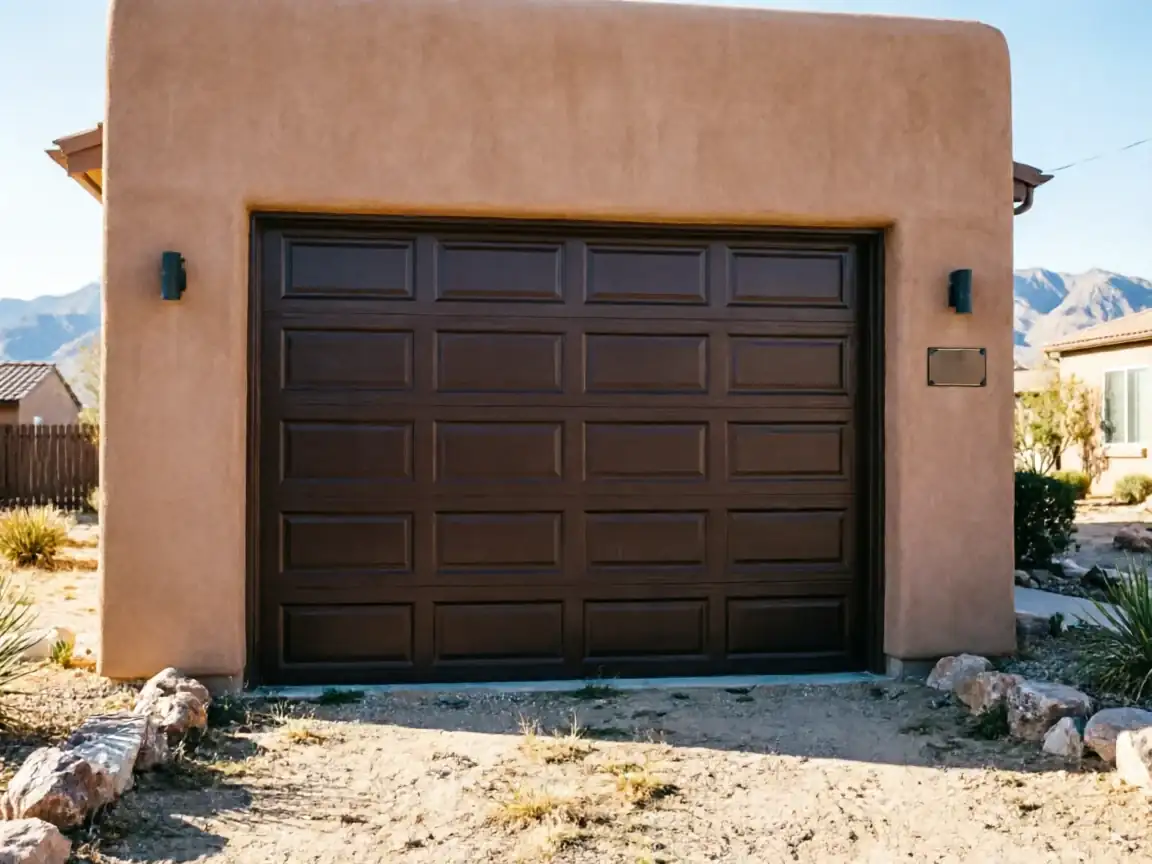A brown paneled garage door is set into a tan stucco house.