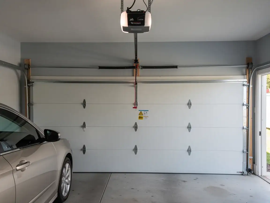 A white garage door is closed with an opener and a torsion spring visible.