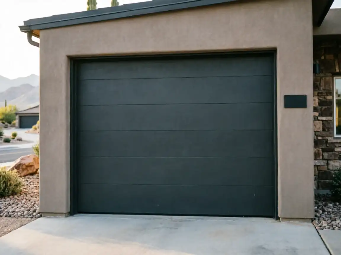 A modern dark gray garage door is installed on a tan stucco house.