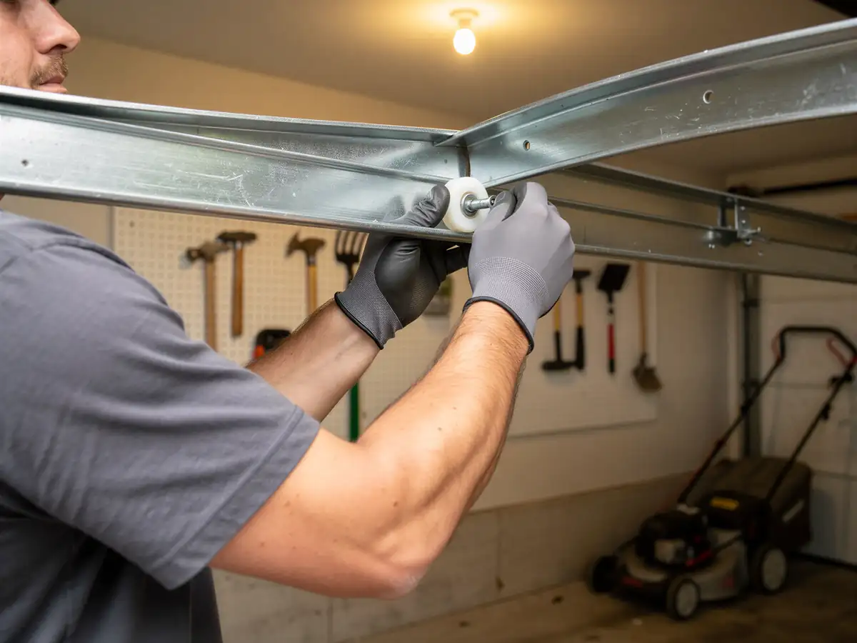 A technician installs a new roller on a garage door track.