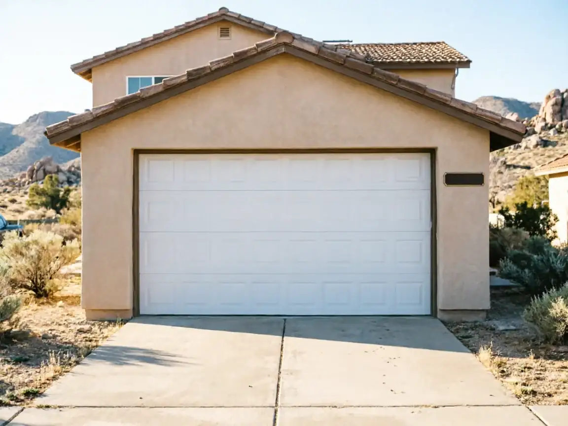 The house has a white garage door and a concrete driveway.